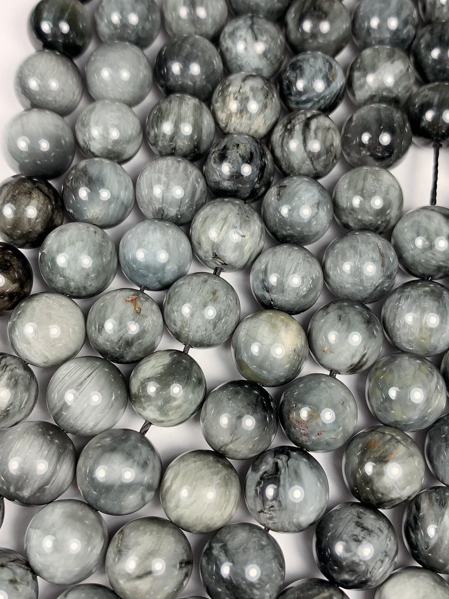 10mm AAA Natural Black Gray Hawks eye Smooth Round Beads: Gemstone Strand, 15.5"