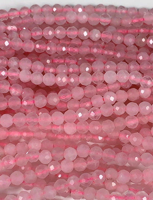 AAA Natural Cream Pink Rose Quartz Faceted Round Beads Gemstone Strand (15.5")