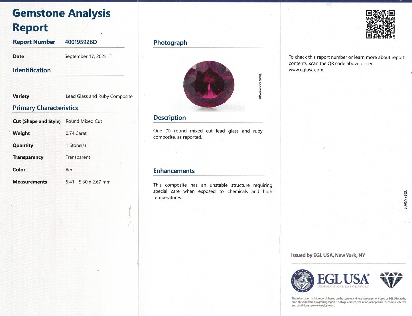 EGL USA Gemological Laboratory Certificate Natural Ruby (heated Filled Composite) Loose Gemstone Oval Faceted Cut
