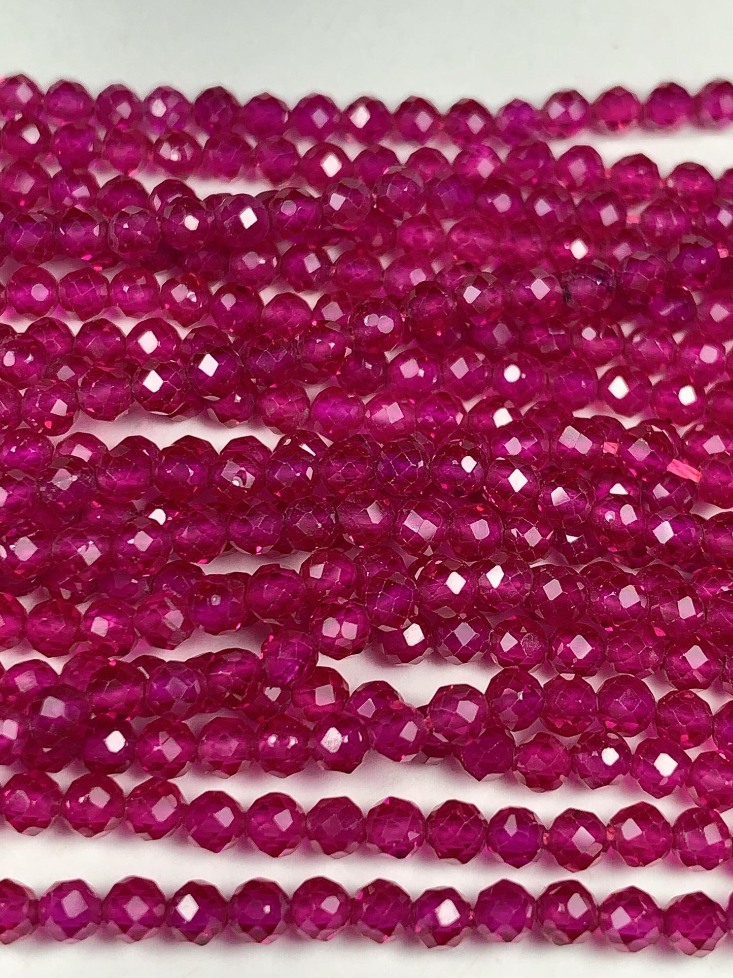 Ruby Laboratory-grown Fuchsia Rose Red Faceted Round Beads 15.5" Strand Gemstone 3mm