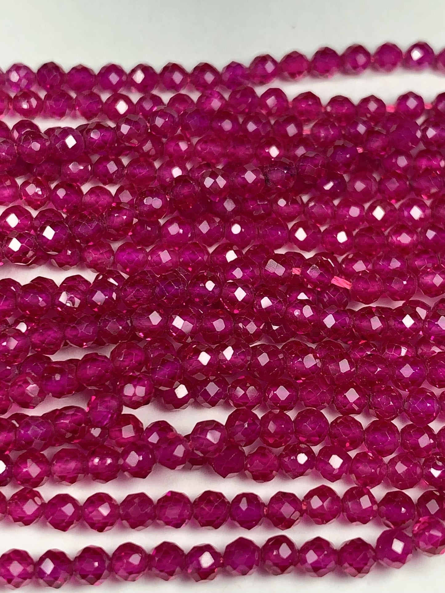 Ruby Laboratory-grown Fuchsia Rose Red Faceted Round Beads 15.5" Strand Gemstone 3mm
