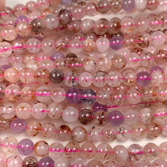 Natural Translucent Gold Red Copper Black  Rutilated Quartz Amethyst Smooth Round Beads: 15.5 Strand reddish rutile inclusions