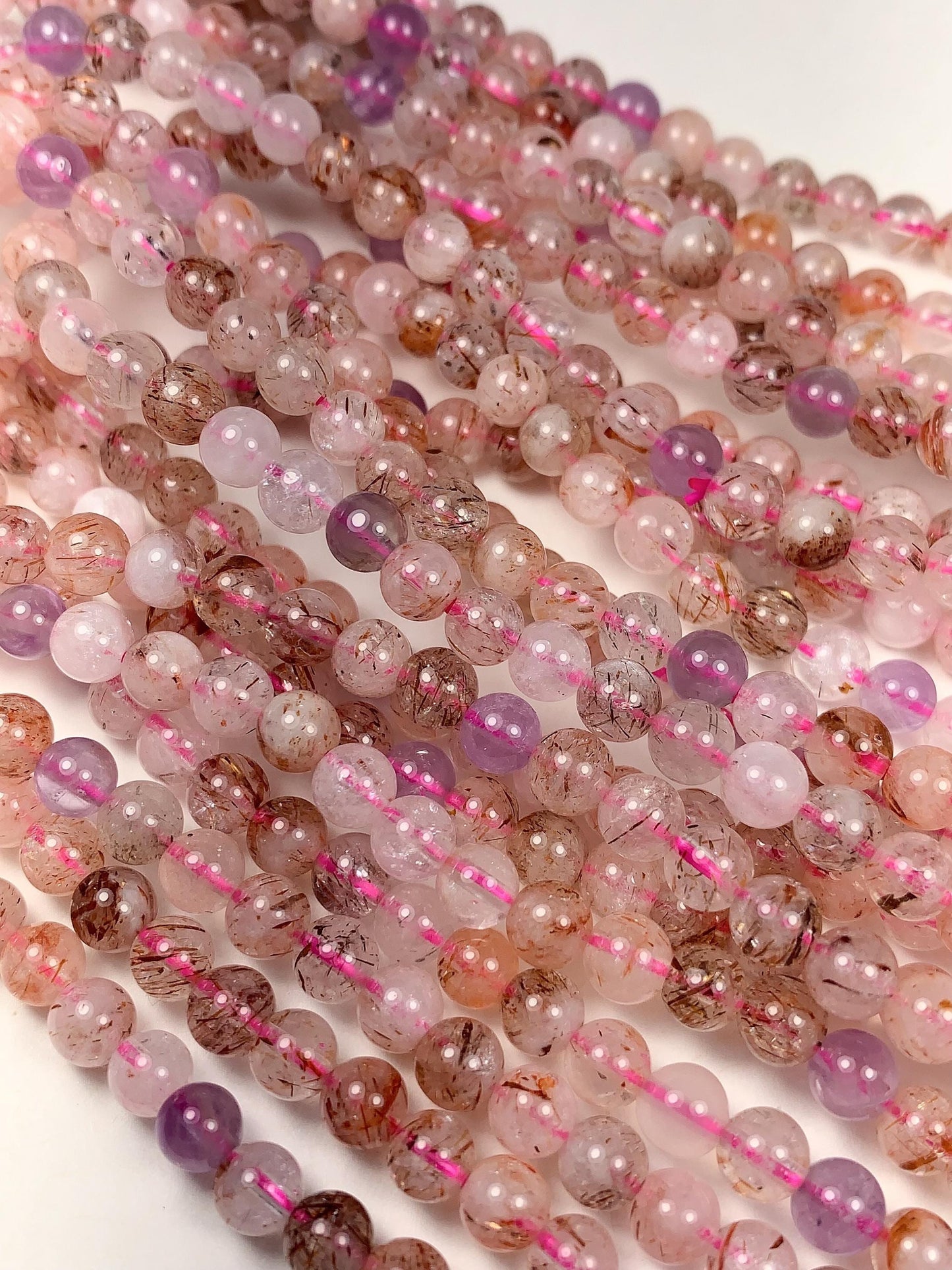 Natural Translucent Gold Red Copper Black  Rutilated Quartz Amethyst Smooth Round Beads: 15.5 Strand reddish rutile inclusions