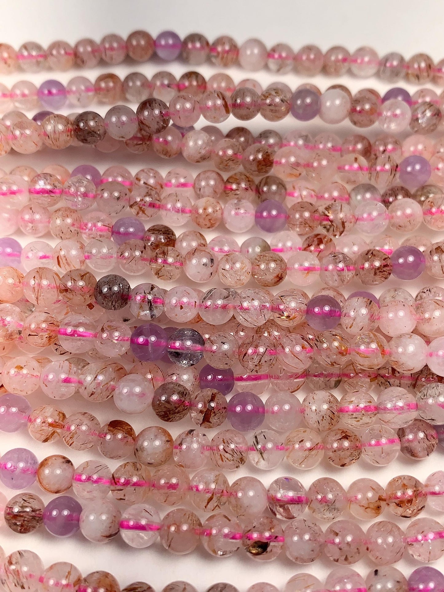 Natural Translucent Gold Red Copper Black  Rutilated Quartz Amethyst Smooth Round Beads: 15.5 Strand reddish rutile inclusions