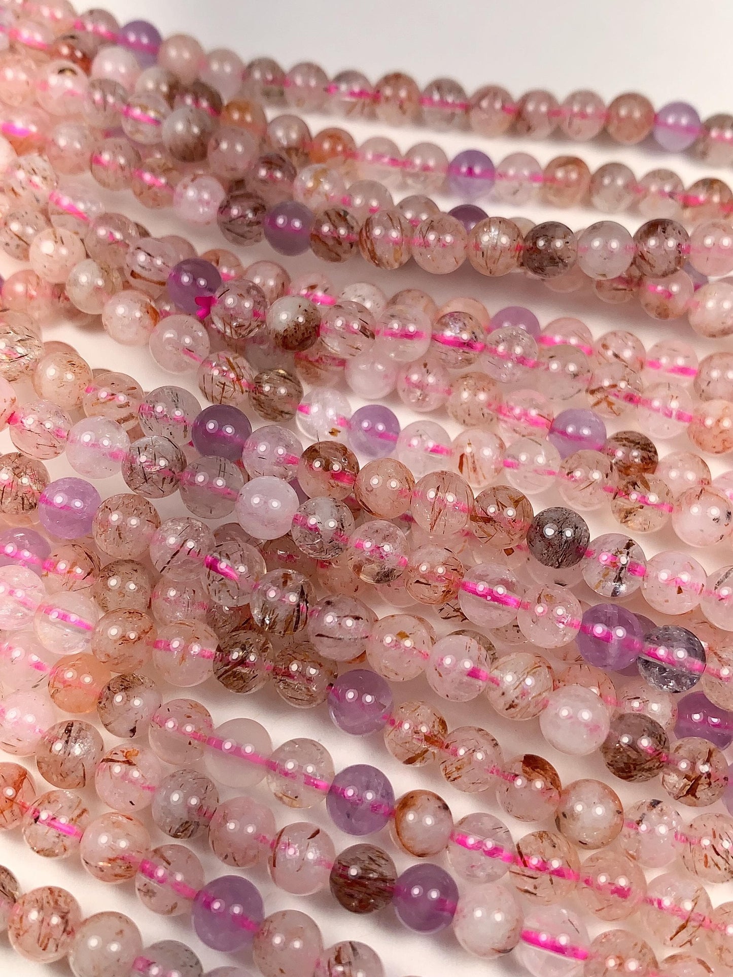 Natural Translucent Gold Red Copper Black  Rutilated Quartz Amethyst Smooth Round Beads: 15.5 Strand reddish rutile inclusions
