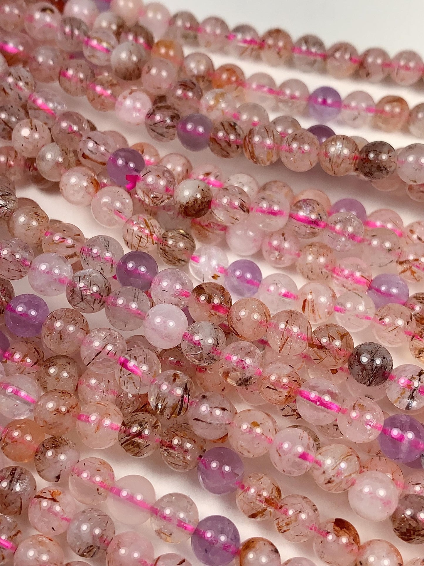 Natural Translucent Gold Red Copper Black  Rutilated Quartz Amethyst Smooth Round Beads: 15.5 Strand reddish rutile inclusions
