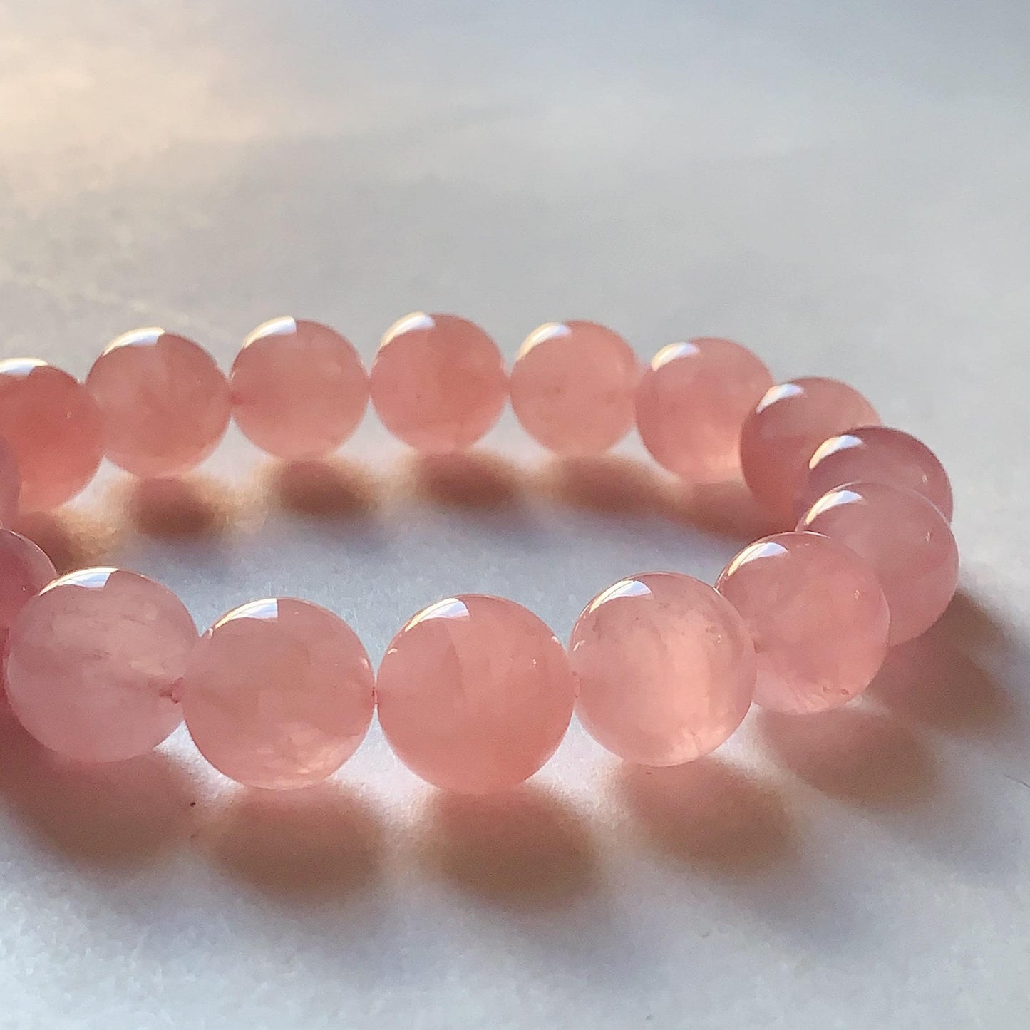 No Dyed AAA+ Translucent Madagascar Natural Peach Baby Pink Rose Quartz Stretch Bracelet: Smooth Round Gemstone