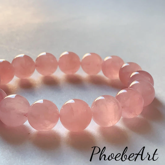No Dyed AAA+ Translucent Madagascar Natural Peach Baby Pink Rose Quartz Stretch Bracelet: Smooth Round Gemstone