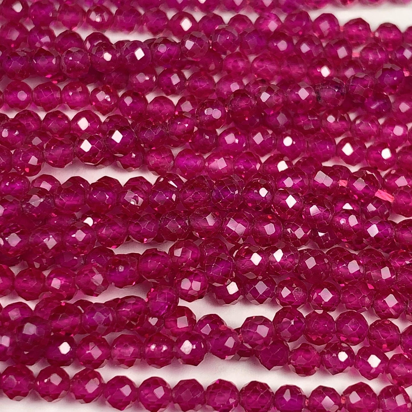 Ruby Laboratory-grown Fuchsia Rose Red Faceted Round Beads 15.5" Strand Gemstone 3mm