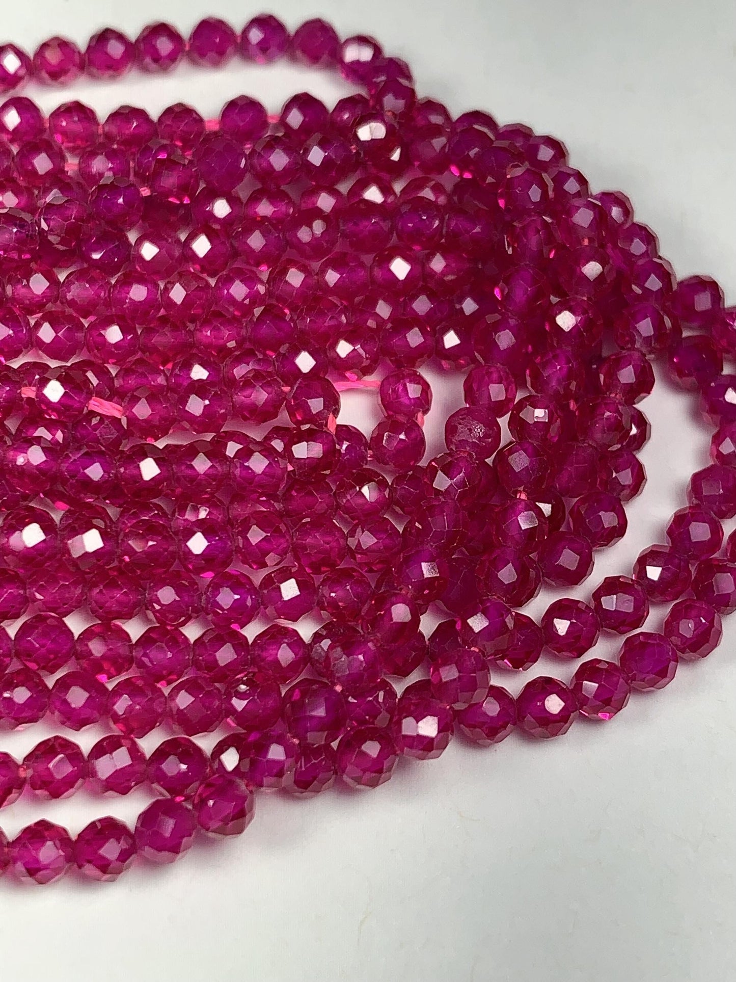 Ruby Laboratory-grown Fuchsia Rose Red Faceted Round Beads 15.5" Strand Gemstone 3mm