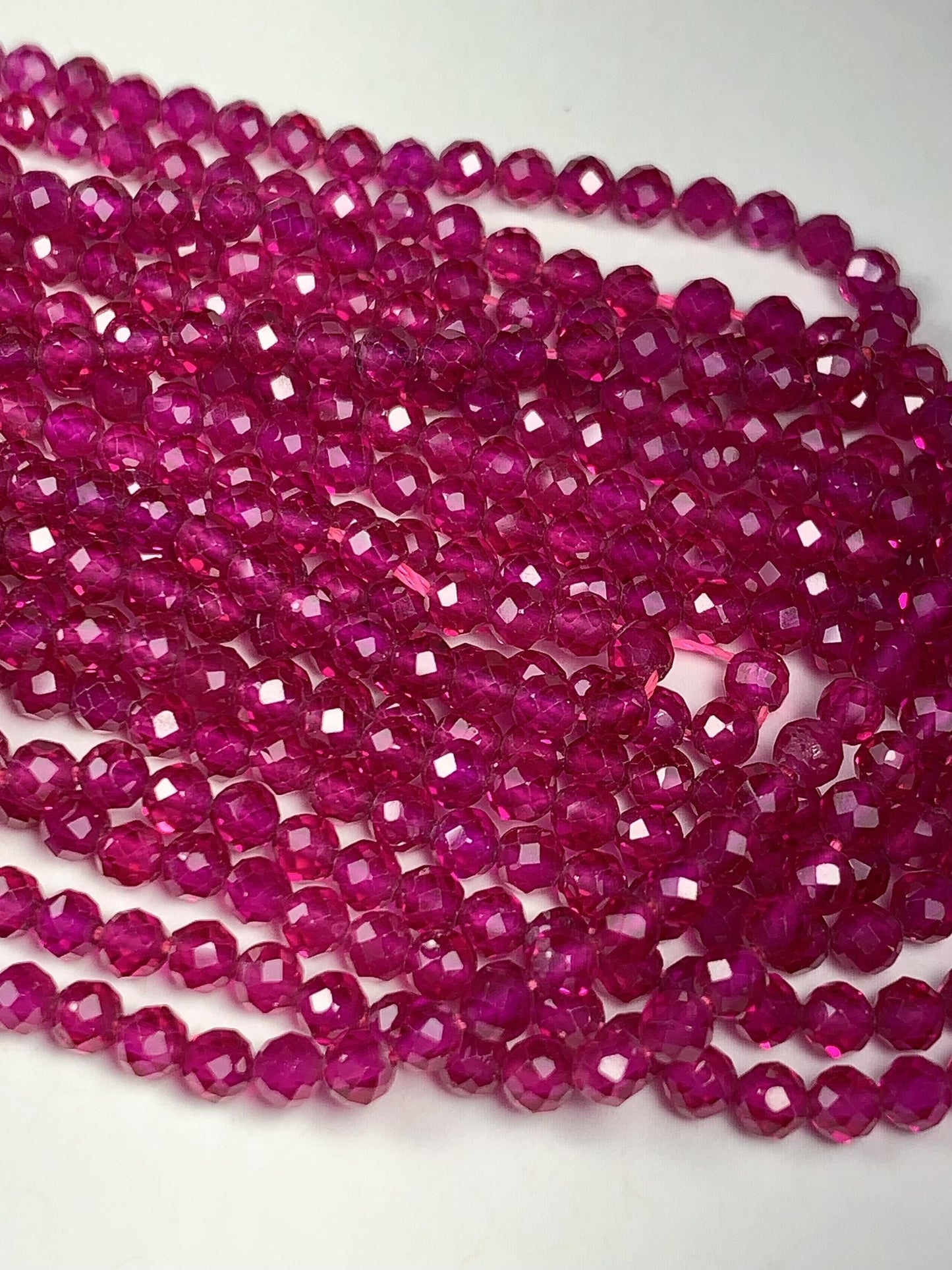 Ruby Laboratory-grown Fuchsia Rose Red Faceted Round Beads 15.5" Strand Gemstone 3mm