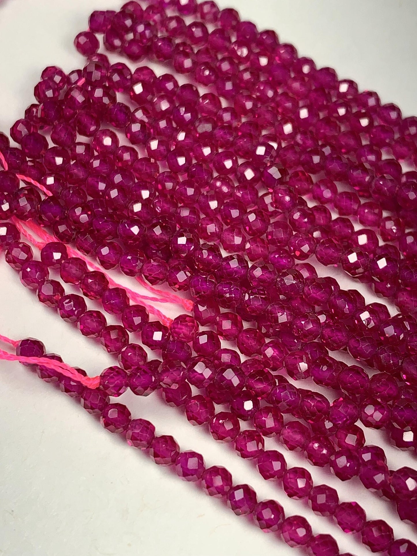 Ruby Laboratory-grown Fuchsia Rose Red Faceted Round Beads 15.5" Strand Gemstone 3mm