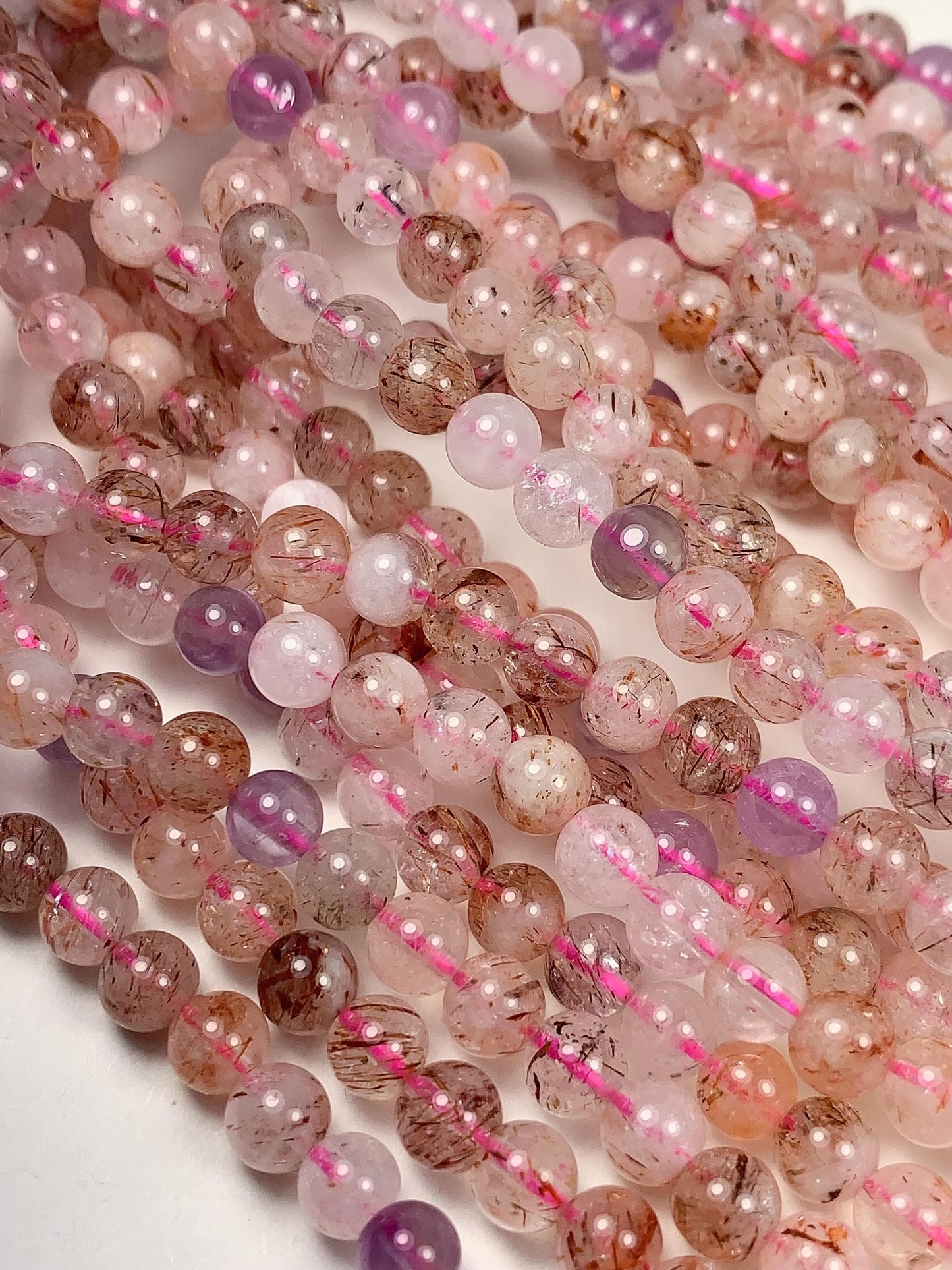Natural Translucent Gold Red Copper Black  Rutilated Quartz Amethyst Smooth Round Beads: 15.5 Strand reddish rutile inclusions