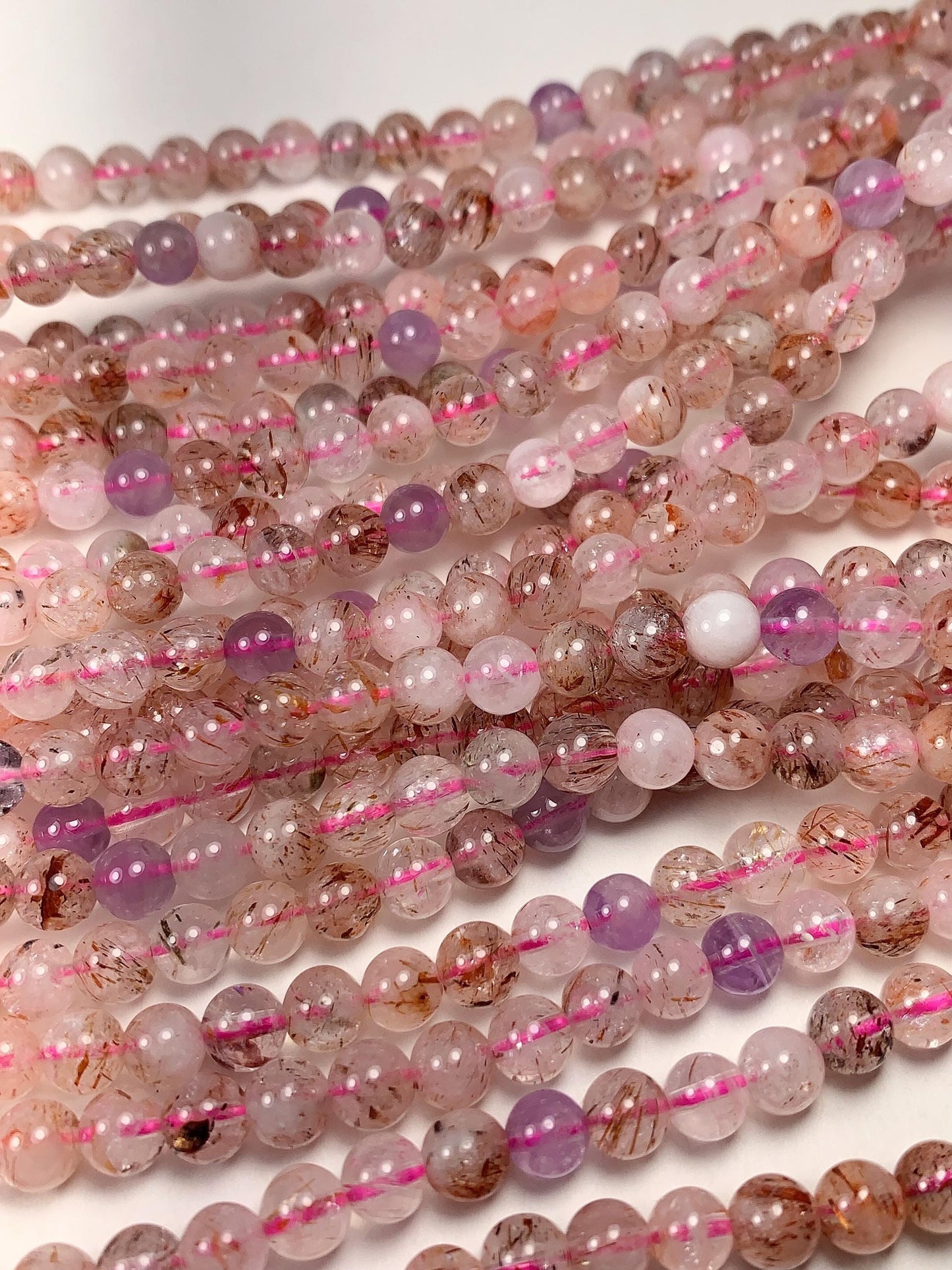 Natural Translucent Gold Red Copper Black  Rutilated Quartz Amethyst Smooth Round Beads: 15.5 Strand reddish rutile inclusions
