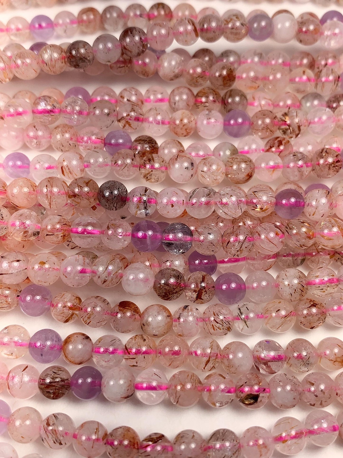 Natural Translucent Gold Red Copper Black  Rutilated Quartz Amethyst Smooth Round Beads: 15.5 Strand reddish rutile inclusions